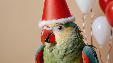 Fototapeta premium bird, parrot, animal, beak, isolated, green, red, nature, tropical, cute, feather, pet, santa, cartoon, christmas, colorful, yellow, white, macaw, blue, wildlife, vector, wild, illustration, exotic
