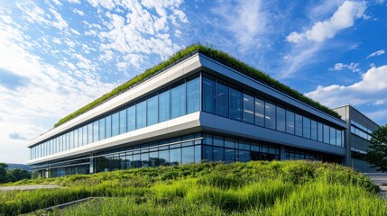 Obraz premium Innovative eco-friendly architecture office building with green roof in urban setting wide view promoting sustainability
