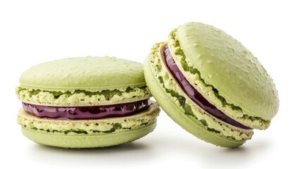 Two pistachio macarons with berry jam filling. Perfect for food blogs, bakery websites, or dessert menus.