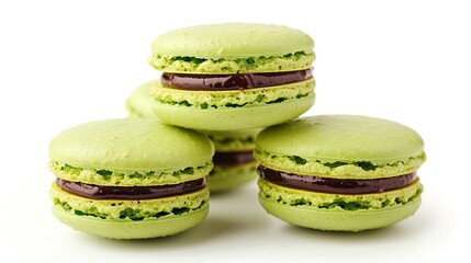 Green macarons with chocolate filling, close-up shot. Perfect for food blogs, bakery websites, and dessert menus.