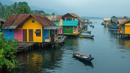 Obraz premium A fishing village at risk from rising sea levels underscores the urgent need for climate action and support for vulnerable communities.
