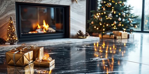 Fototapeta premium Creating a cozy holiday atmosphere traditional christmas setting with a marble fireplace and evergreen decor in a festive living room