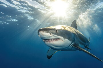 Fototapeta premium A great white shark swims towards the camera in the ocean with sunbeams shining through the water.
