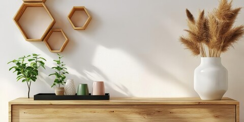 Modern minimalist interior with wooden dresser and decorative vases against white wall
