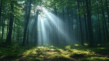 Obraz premium A foggy picture depicts sunbeams shining through the trees in a lush forest, creating a serene atmosphere filled with light and tranquility.