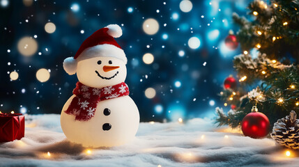 Fototapeta premium snow man on snow floor and christmas tree