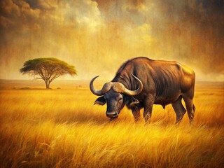 Obraz premium Vintage Style Photography of an African Buffalo Grazing in a Golden Savanna, Capturing the Essence of Strength and Resilience in Nature's Splendor