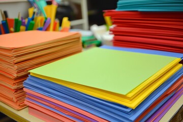 Craft station with stacks of colorful construction paper and glue sticks. Kids are sorting their materials