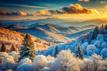 Vintage Style Photography of a Panoramic View of the Snow-Covered Blue Ridge Mountains Evoking Nostalgia and Serenity in a Winter Wonderland Landscape
