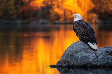 A majestic bald eagle perched on a rock in a lake with a vibrant autumn foliage backdrop.