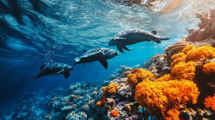 Naklejka premium Three dolphins swim over vibrant coral reef in clear ocean water.