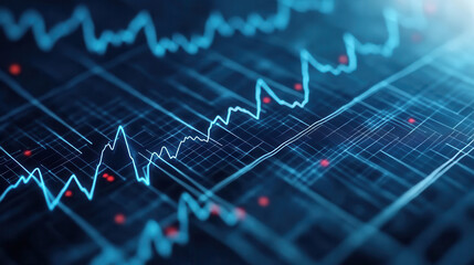 Close up of digital ECG waveform displaying heart activity trends, showcasing intricate patterns and data points in vibrant blue tone, evoking sense of technology and health