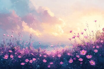 Naklejka premium A field of pink cosmos flowers in a field at sunset.