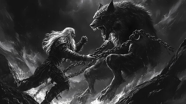 Odin fighting fenrir the wolf in broken chains at ragnarock, norse mythology. Mythology. Illustration