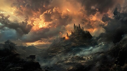 Dramatic Fantasy Landscape: Ruined Castle on a Misty Mountain