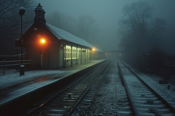 Fototapeta premium Old railway station in a foggy winter morning. Retro style.,. 