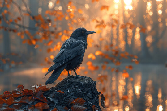 Crow on a stump in the foggy forest at sunset..,.     