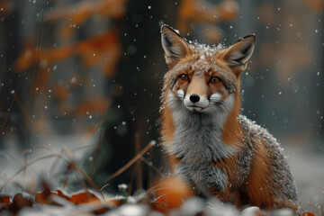 Obraz premium Red fox in the forest during a snowfall. Wild animal in nature.,. 