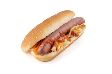 Hot dog with pickled cabbage and carrots, and spicy tomato sauce. Isolate. White background.