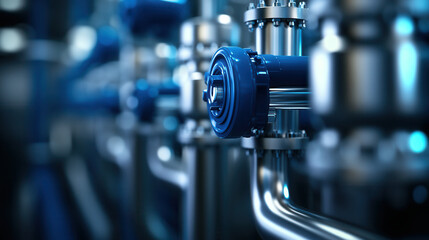 Fototapeta premium Close up of industrial piping with blue valves and metallic surfaces, showcasing modern engineering and technology in factory setting