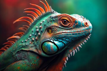 Fototapeta premium Close-Up Photo of Vibrant Iguana with Textured Scales and Crest