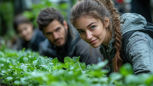 A group of young professionals collaborates on a green project, emphasizing teamwork and commitment to environmental sustainability.