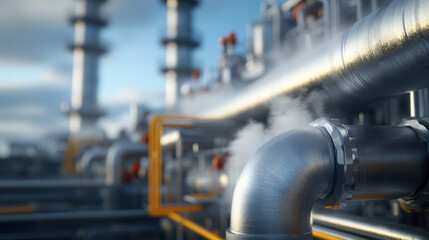 Photorealistic depiction of chemical processing plant with metallic pipes, steam, and industrial structures. scene captures complexity and functionality of facility