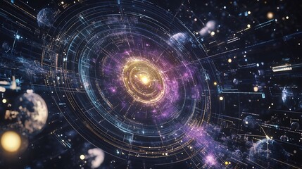 Obraz premium Animated infographic showcasing the Kardashev Scale with emphasis on quantum tunneling depicting a Type II civilization's use of AI for interstellar communication and energy management
