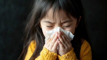 Little girl with a runny nose blowing her nose with a tissue.