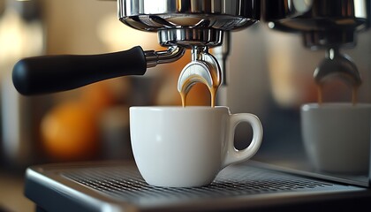 A close-up of an espresso machine brewing a fresh shot of espresso into a white ceramic cup