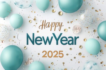 Delicate New Year design with pastel teal  and powder blue  balloons, hints of gold confetti, "Happy New Year" in a small, understated script, and "2025" in bold modern font.