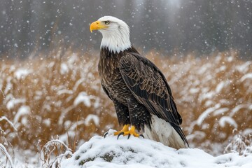 Fototapeta premium A majestic bald eagle stands tall on a snowy rock, its sharp gaze fixed on the falling snow.