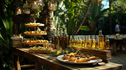 Rustic Wooden Table with Mediterranean Appetizers
