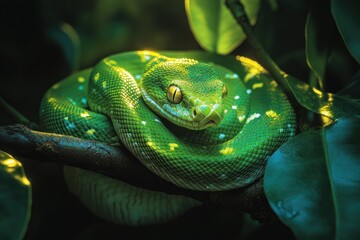 Fototapeta premium A green tree python coiled around a branch, basking in the sunlight filtering through the leaves.