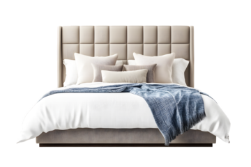 Modern bed with minimalist design, featuring sleek upholstered headboard, neutral-colored bedding isolated on cut out PNG or transparent background. For bedroom in home and interior design themes.