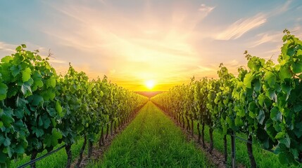 Fototapeta premium A picturesque vineyard at sunset, featuring rows of lush grapevines stretching towards a vibrant sky filled with soft clouds and warm sunlight.