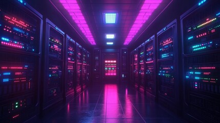 Neon-lit server racks line a dark corridor. Ideal for tech, data center, or network concepts.