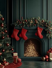 Elegant Christmas Fireplace Decor with Christmas Tree and Stockings