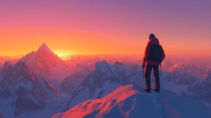 Fototapeta premium A climber stands on a peak, gazing at a vibrant sunset over majestic mountains.