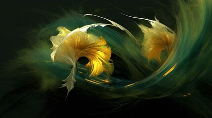Naklejka premium Fractal Flower and Feather Pattern Design in Gold and Green Nature Illustration