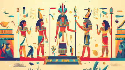 Depict the importance of religion and mythology in ancient egyptian society with symbols and rituals. Mythology. Illustration