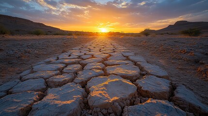A long, arduous journey along a rugged, stony path symbolizes the ongoing struggle against climate change, traversing endless stretches of dry terrain with a vision for a sustainable future.