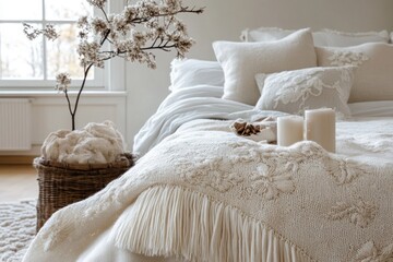 White knitted throw blanket with fringe on a bed with white bedding, two white candles and a wicker basket with white faux fur in the corner.