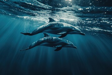 Fototapeta premium Two dolphins swim together in the ocean, bathed in sunlight.