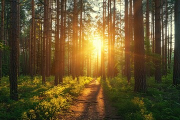 Obraz premium Sunlit path through a dense pine forest. Ideal for projects about nature, peace, or tranquility.