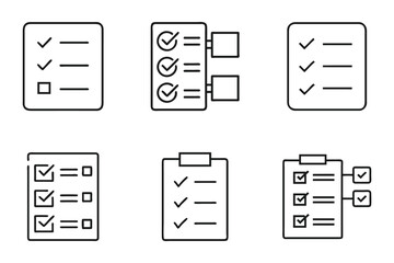 A set of  checklist and clipboard task icon set outline silhouette icons on a white background
