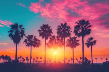Obraz premium Silhouetted palm trees against a vibrant sunset sky, capturing the essence of a tropical paradise.