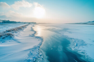 Aerial View of Frozen Winter Water Surface