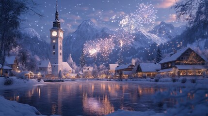 Obraz premium A serene winter village scene with fireworks, mountains, and a reflective lake at dusk.