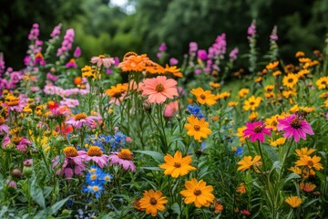 A vibrant meadow bursting with a colorful array of wildflowers in various shades of pink, orange, yellow, and blue.